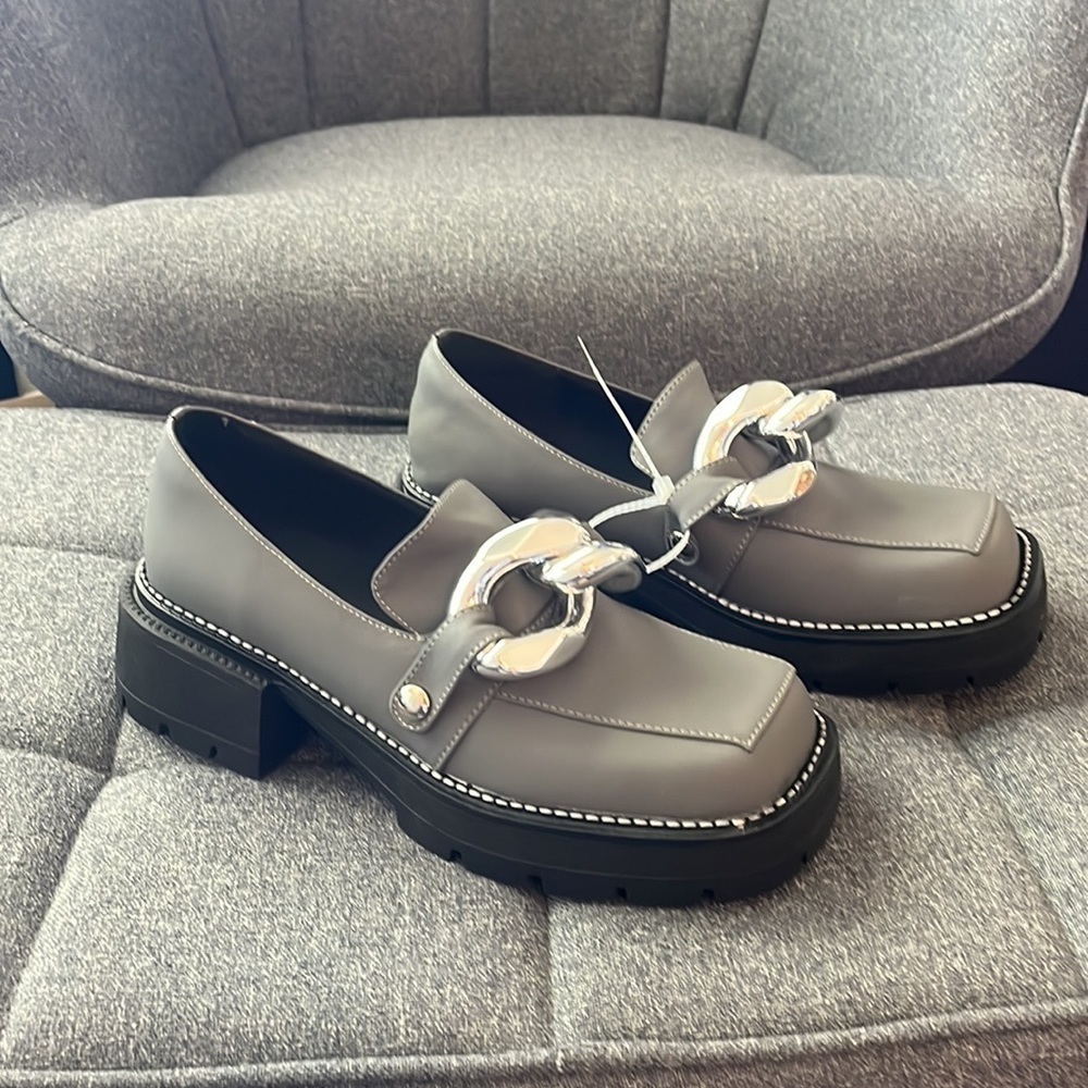 CHIKO Mhina Square Toe Block Heels Loafers Shoes NWOT.  HANDMADE CUSTOM. Grey - Picture 3 of 6